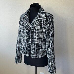 A New Day Black and White Tweed Moto Jacket Size L Fringe Accents Zip Closure